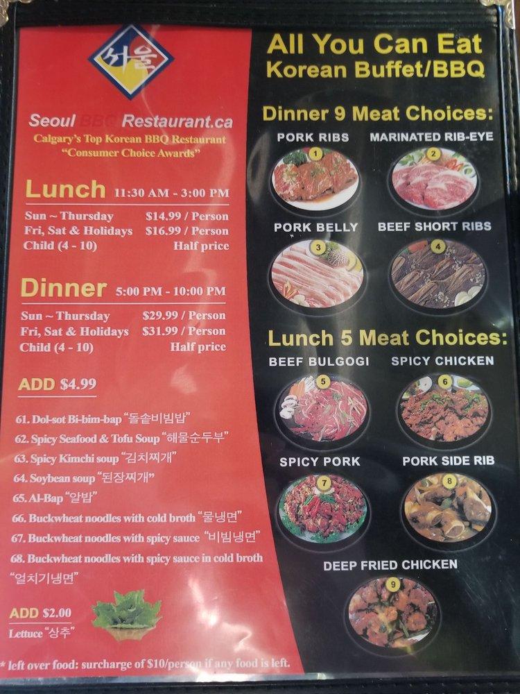 Menu at Seoul Korean BBQ, Calgary