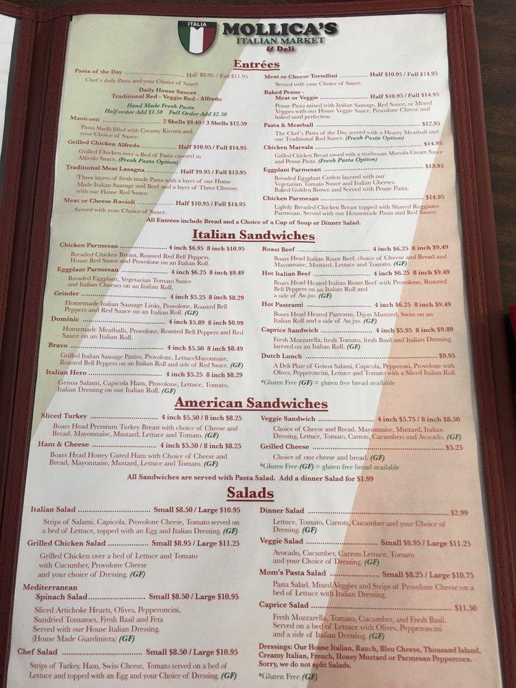 Menu at Mollica's Italian Market and Deli restaurant, Colorado Springs