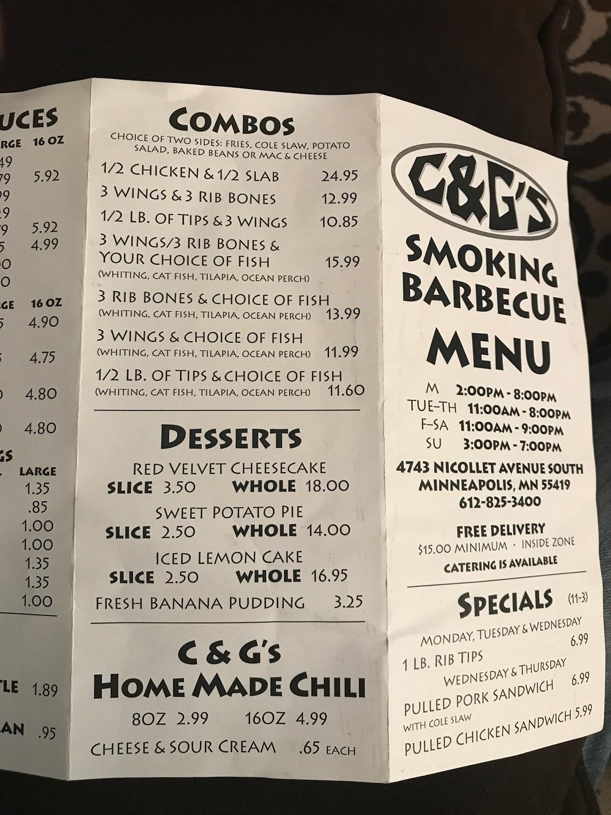 Menu at C & G's Smoking Barbeque, Minneapolis