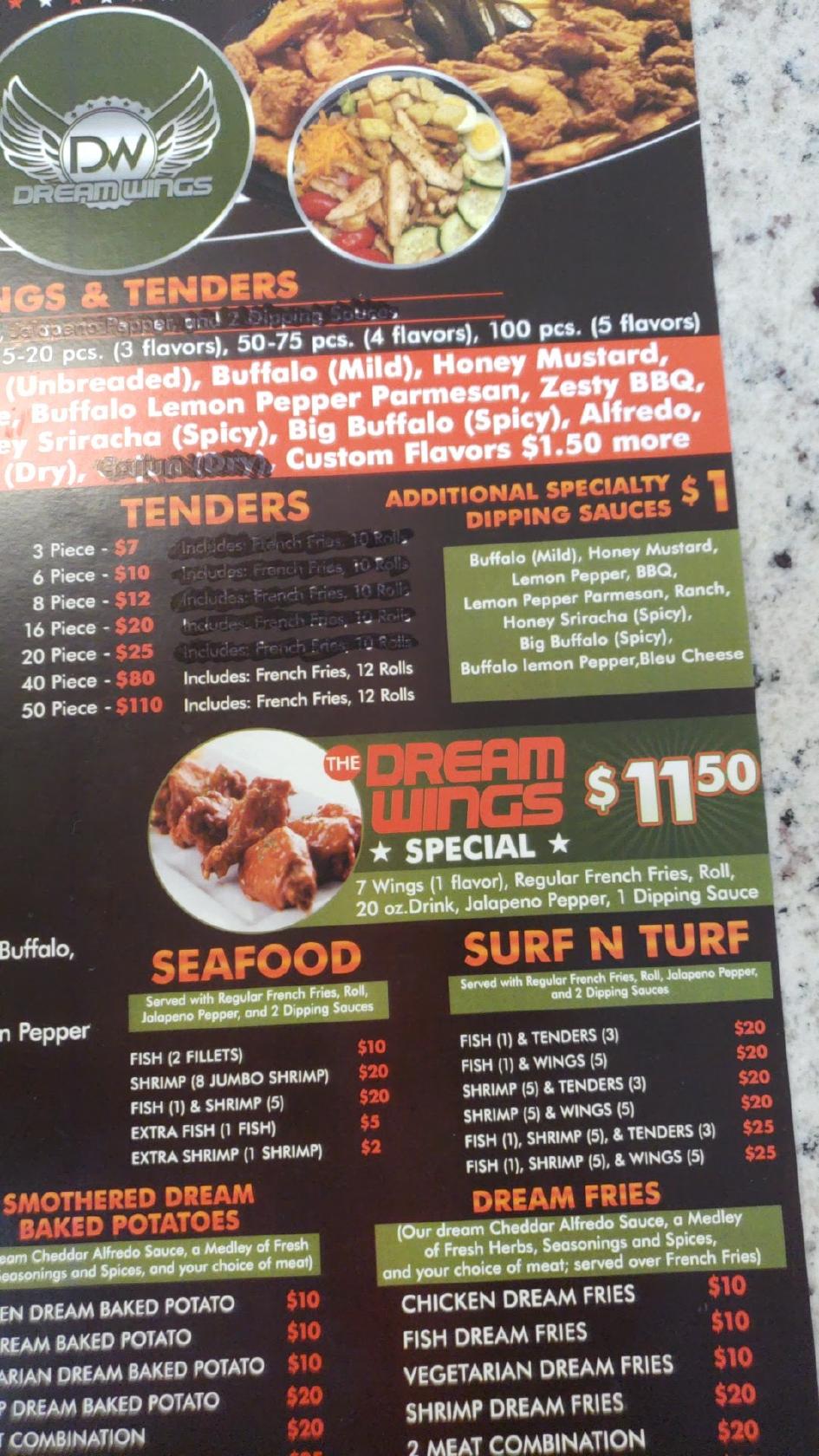 Menu at Dream Wings restaurant, Houston, Ella Blvd