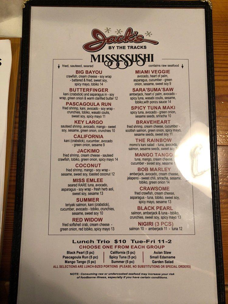 Menu at Jack's by the Tracks restaurant, Pascagoula