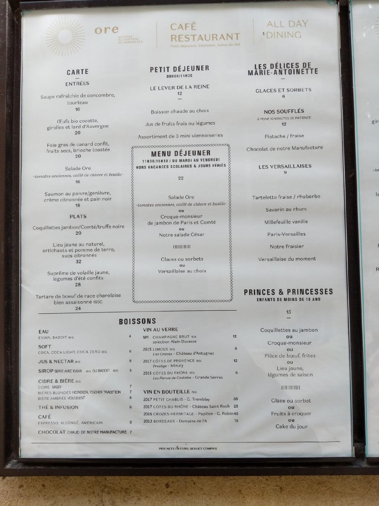 Menu au Ore Ducasse au château de Versailles restaurant, Versailles