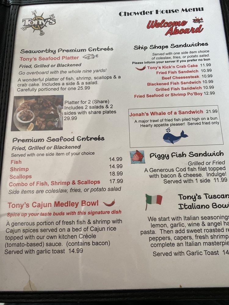 Menu at Tonys Clam Chowder Seafood Restaurant, Mount Dora