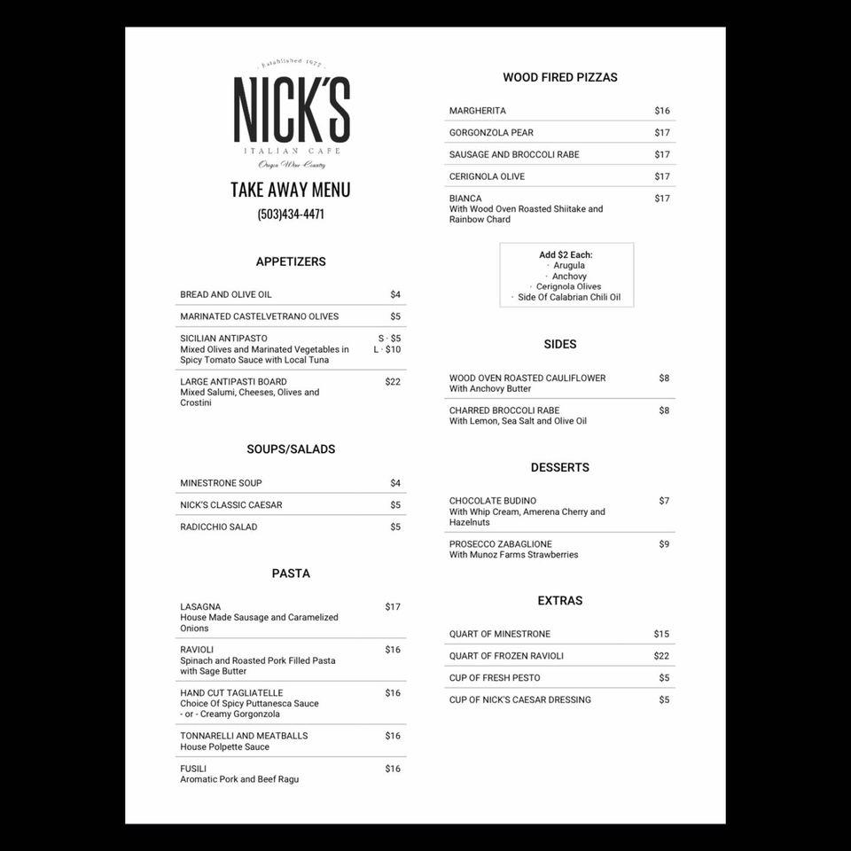 Menu at Nick's Italian Cafe, McMinnville