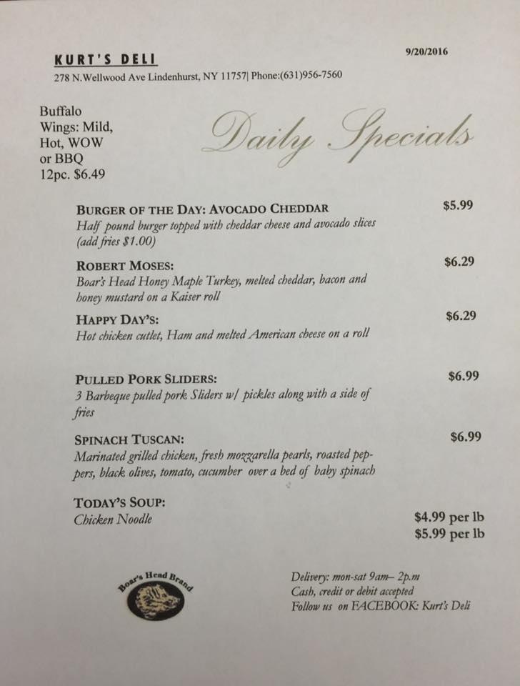 Menu at Kurt's Deli restaurant, Lindenhurst