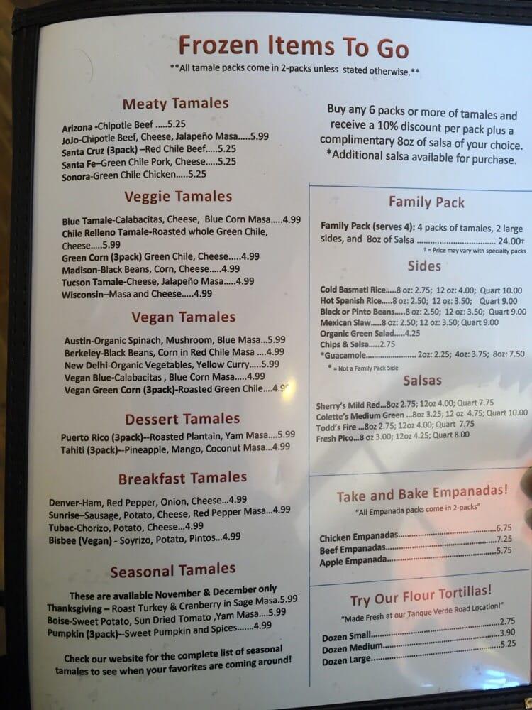 Menu at Tucson Tamale Company restaurant, Tucson, N Oracle Rd