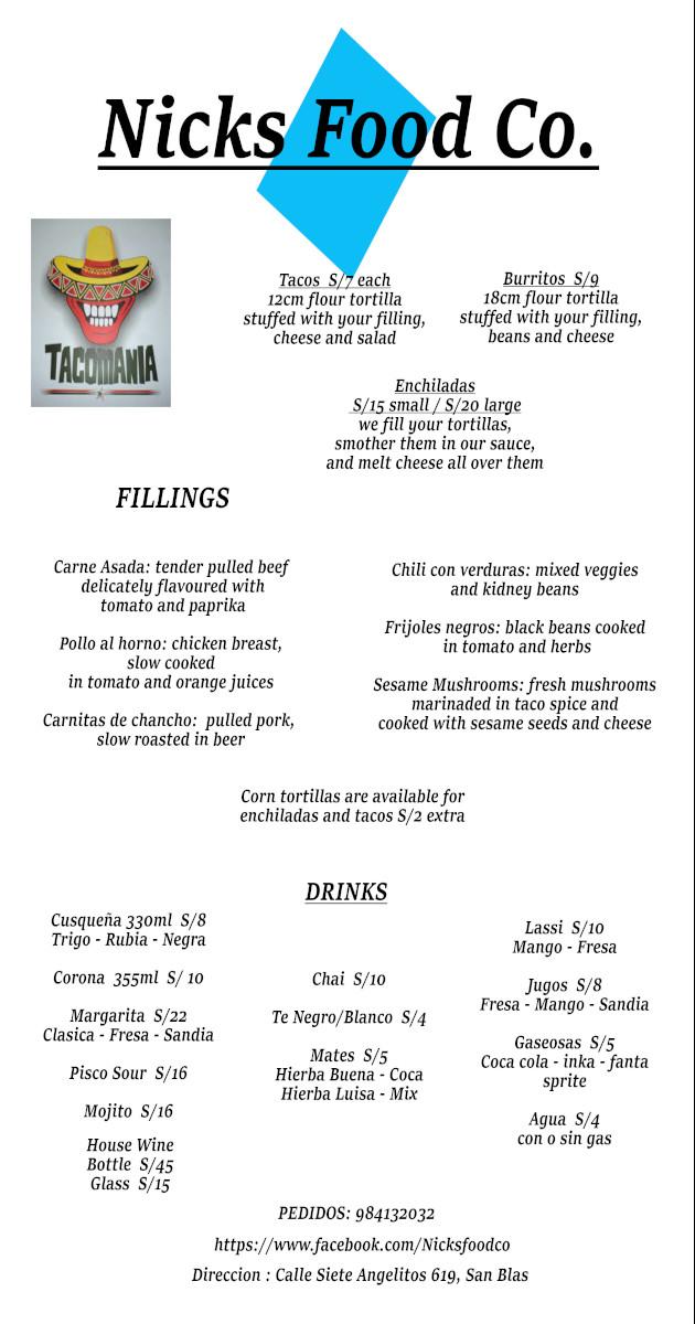 Menu at nick´s food co restaurant, Cusco