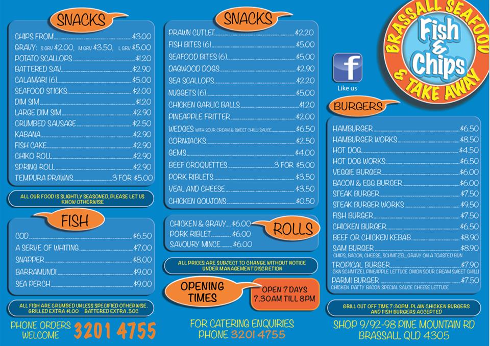 Menu at Brassall Seafood And Takeaway restaurant, Brassall