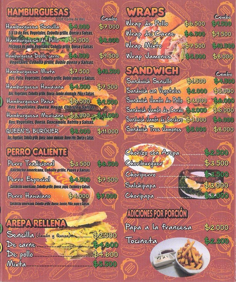 Menu at Burger Queens restaurant, Zipaquirá