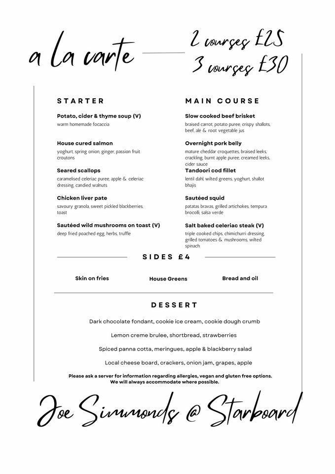 Menu at Rosies Kitchen And Starboard Wood Fired Bistro restaurant, Bude