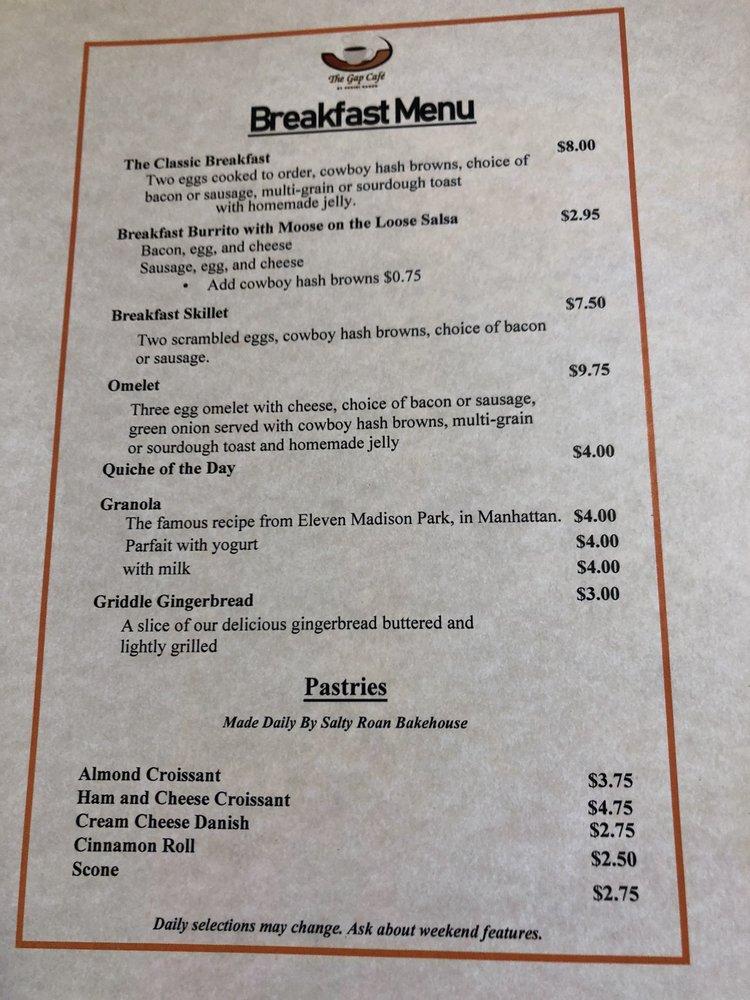 Menu at The Gap Cafe, Buffalo Gap