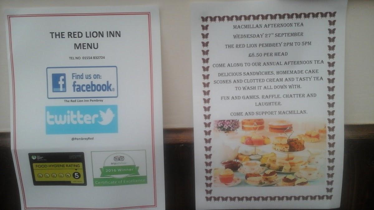 Menu at The Red Lion Inn Pembrey. Bed and Breakfast pub & bar, Pembrey
