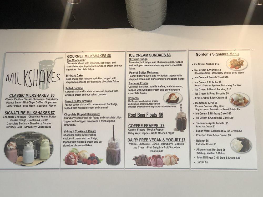 Menu at Gordon’s Milkshake Bar, Indianapolis