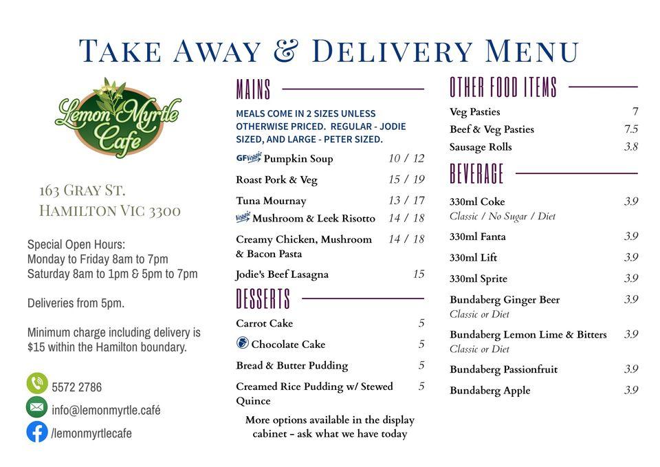 Menu at Lemon Myrtle Cafe, Hamilton