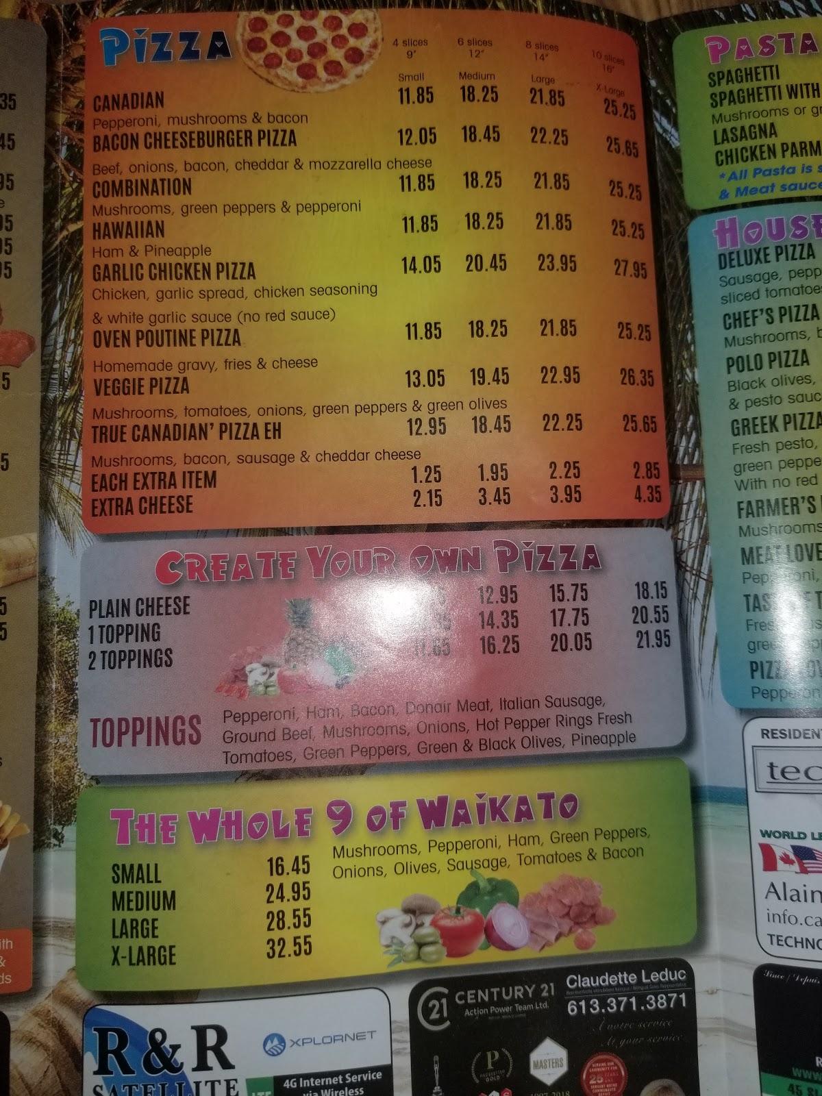 Carta del restaurante Waikato Pizza, Crysler