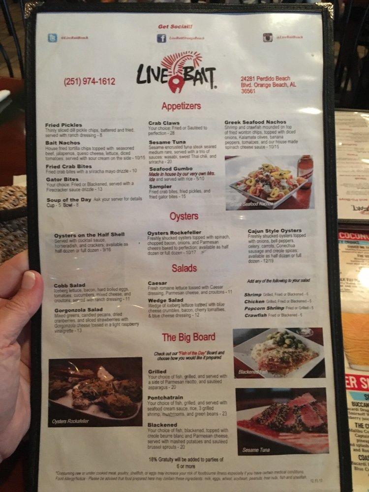 Menu at Live Bait Restaurant, Orange Beach, Perdido Beach Blvd