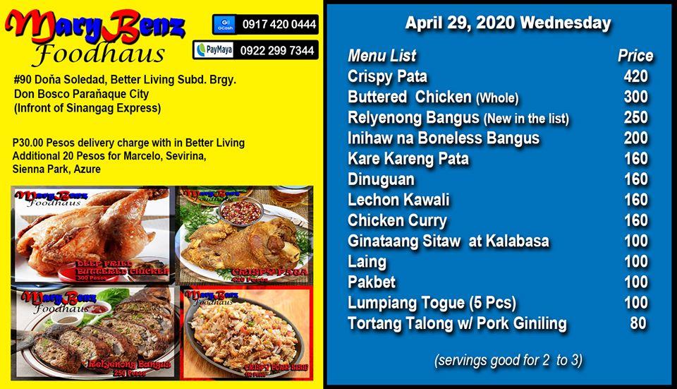 Menu at MaryBenz Foodhaus restaurant, Parañaque