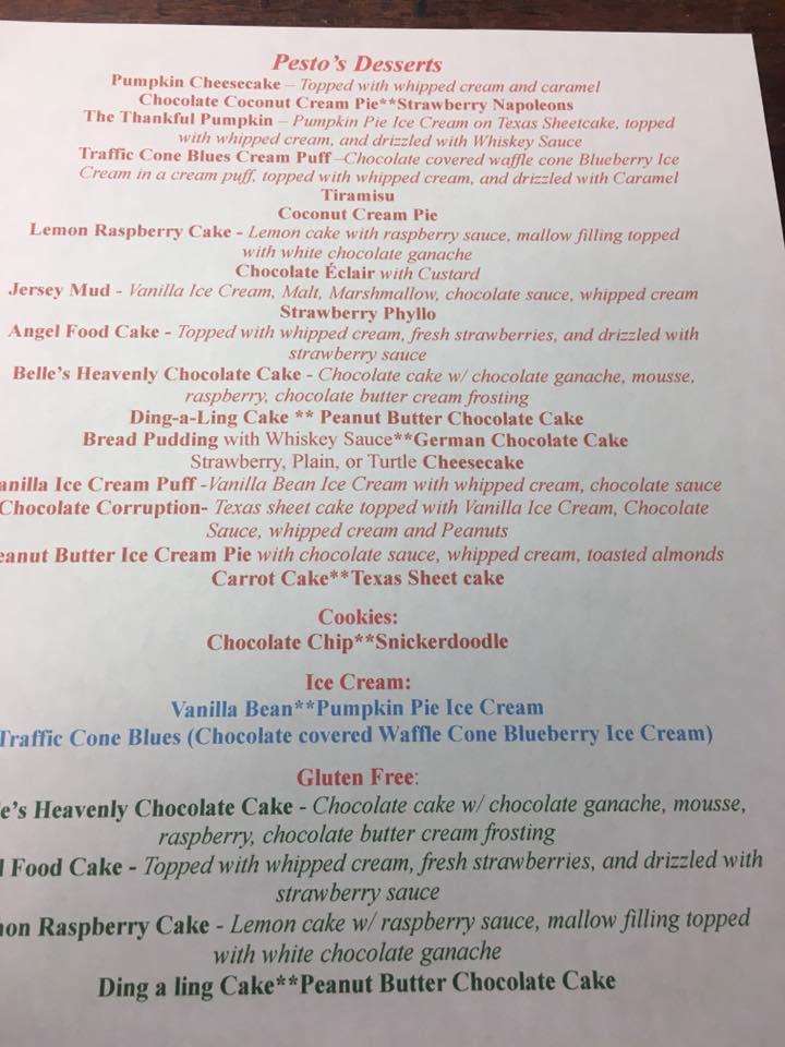 Menu at Pesto's restaurant, Flint