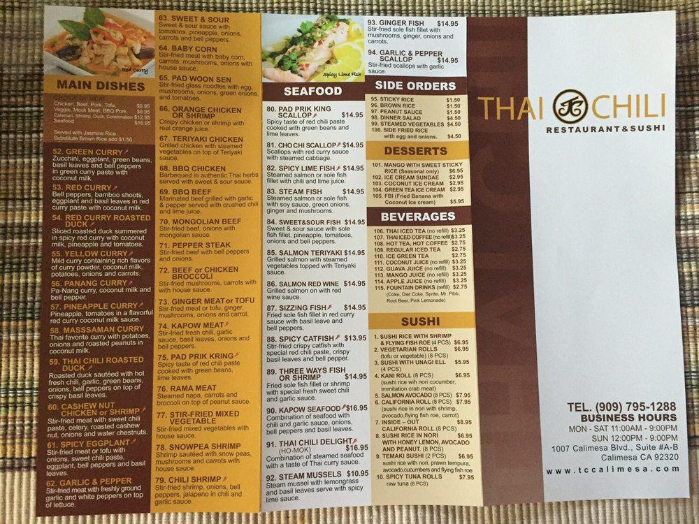 Menu at Thai Chili restaurant, Calimesa