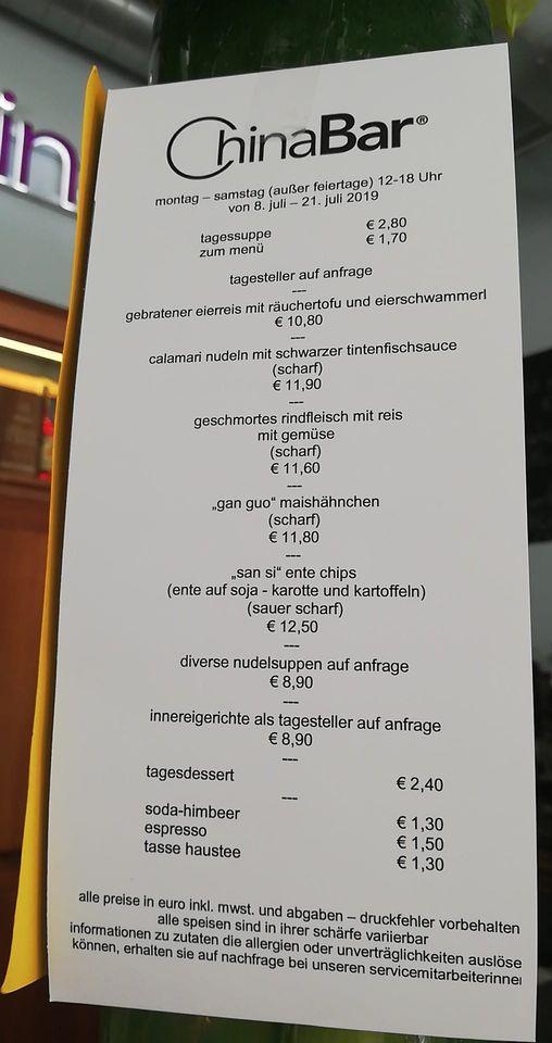 Speisekarte von Chinabar, Wien