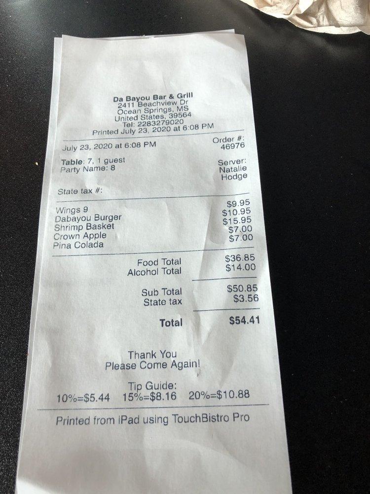 Menu at The Bayou Dockside Bar & Grill, Ocean Springs