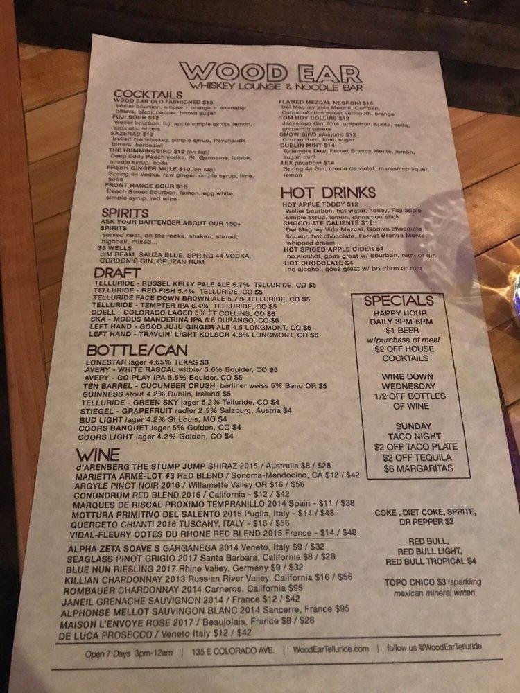 Carta del pub y bar Wood Ear, Telluride