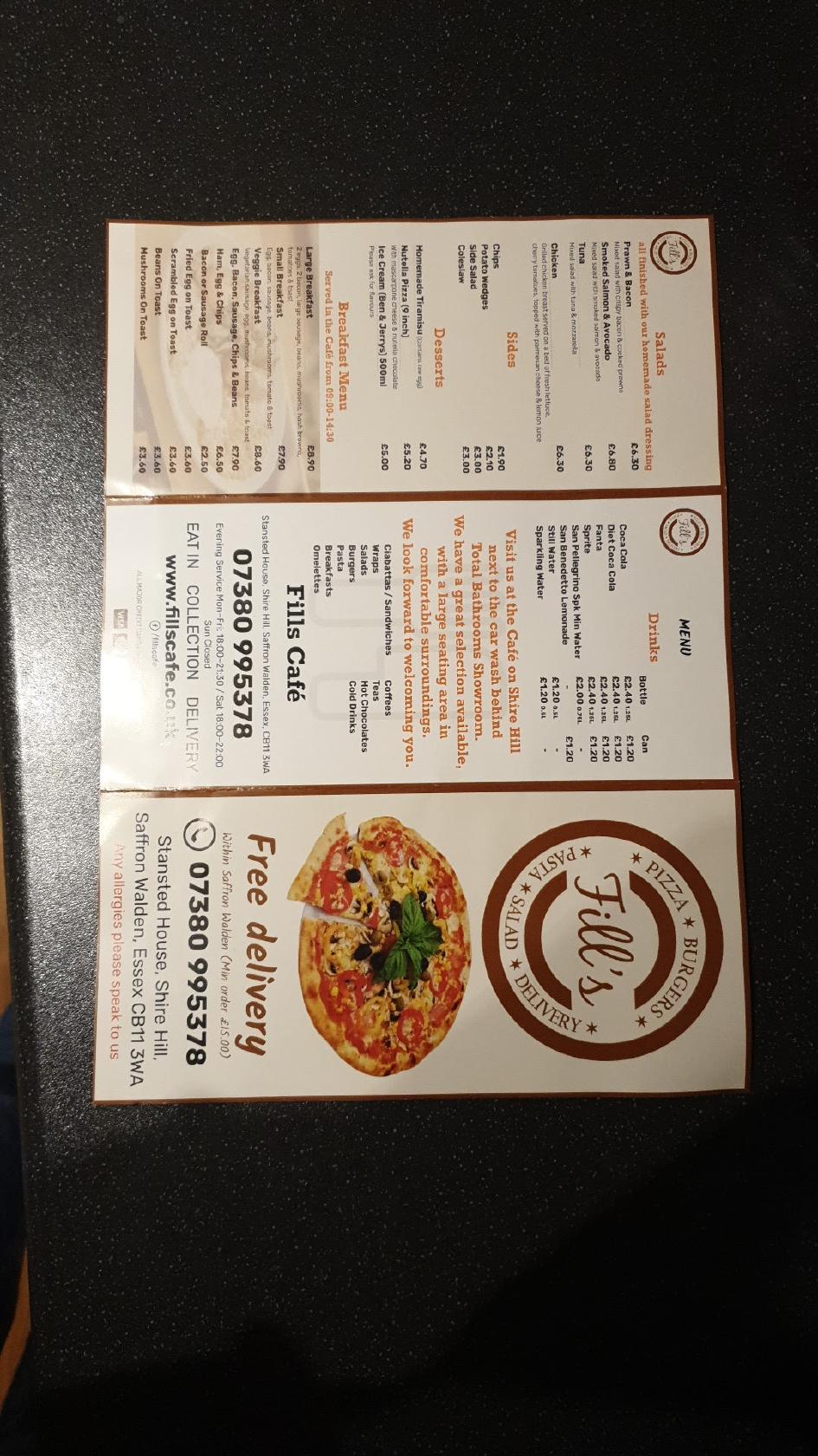 Menu at Fill's Café pizzeria, Saffron Walden