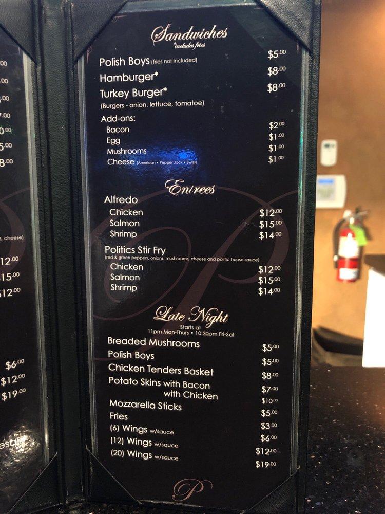 Carta del pub y bar Politics Kitchen & Lounge, Maple Heights