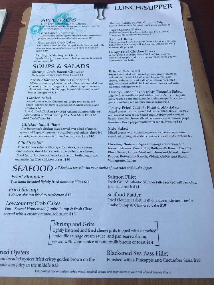 Menu at Page's Okra Grill restaurant, Mount Pleasant