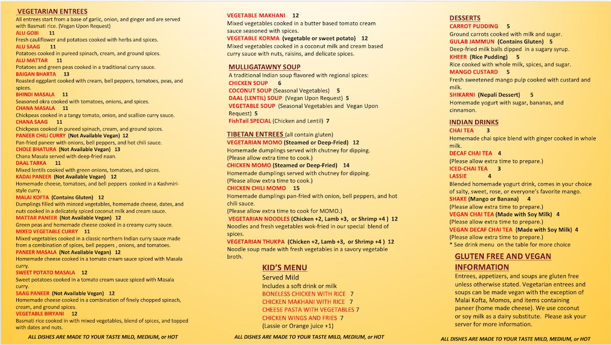 Menu at FishTail Cuisine of India & Nepal restaurant, Brighton