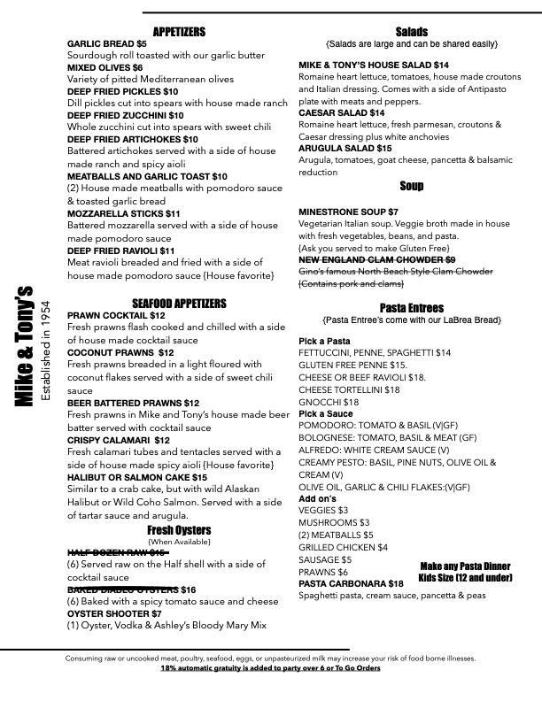Menu at Mike & Tony's Restaurant, Mount Shasta