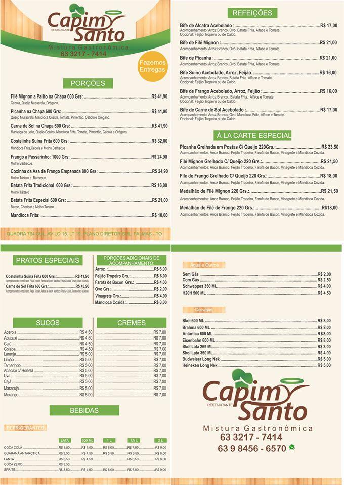 Restaurante CAPIM SANTO Palmas TO cardápio