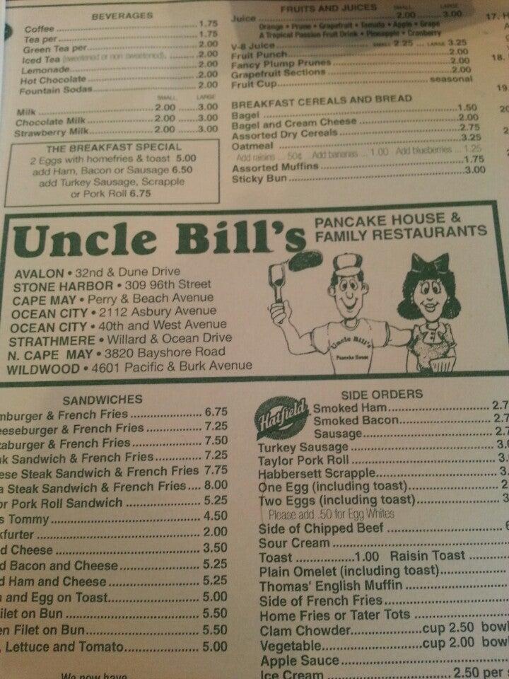 Menu at Uncle Bill's Pancake House North Cape May restaurant, North