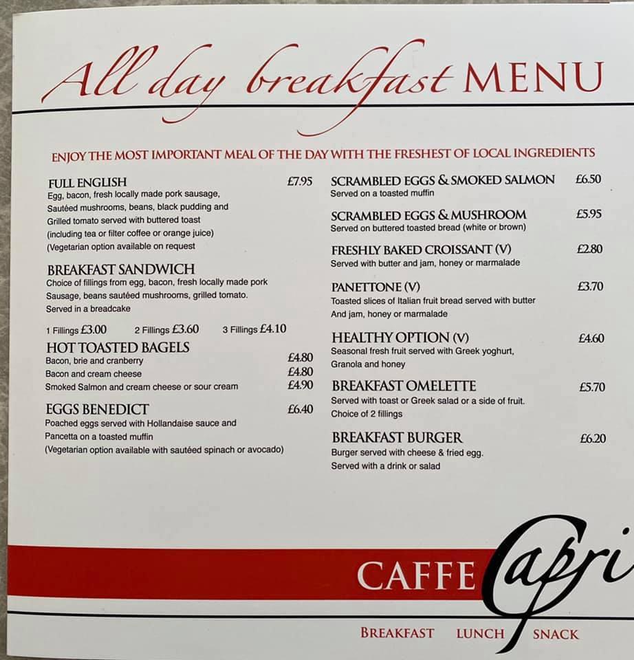 Menu at Caffe Capri Horbury cafe, Wakefield