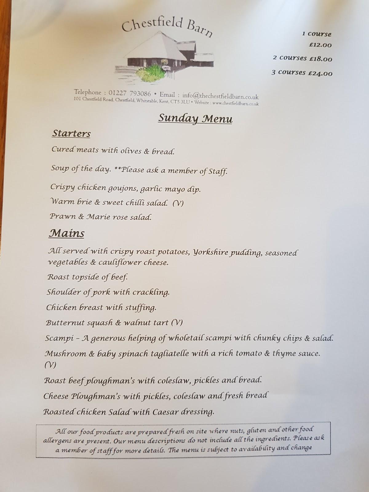 Menu at Chestfield Barn, Whitstable