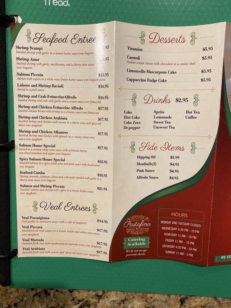 Menu at Pastafina desserts, Cave Springs, E Lowell Ave