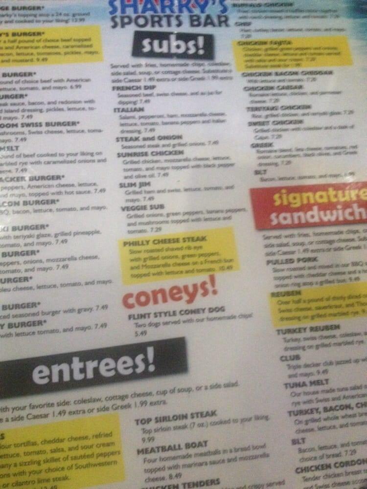 Menu at Sharky's Sports Bar, Burton