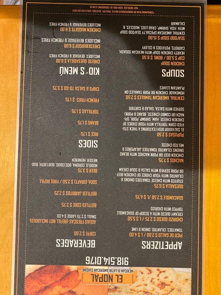 Menu at El Nopal restaurant, Sand Springs