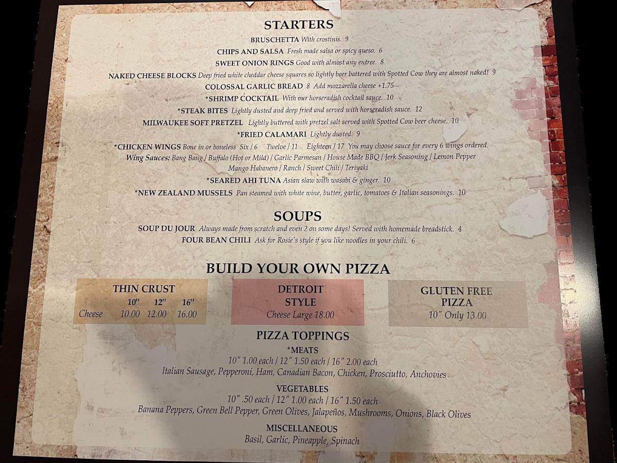 Menu at Rosie's Restaurant & Bar, Lomira