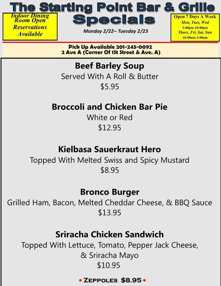 Menu at Starting Point Bar & Grill, Bayonne