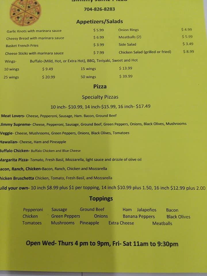 Menu at Jimmy Jamz pizzeria, Ansonville