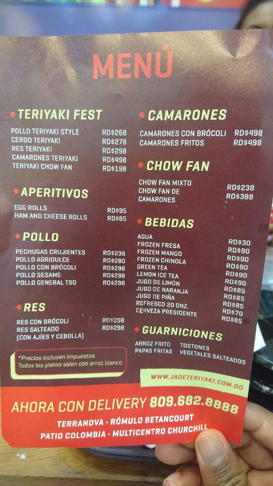 Menu at Jade Teriyaki restaurant, Santo Domingo, Av. República de Colombia