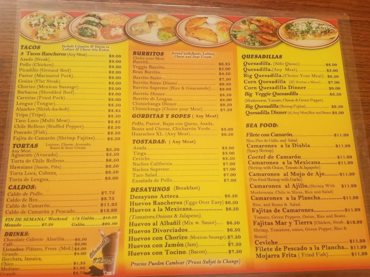 Menu at Taqueria Azteca restaurant, Wood Dale