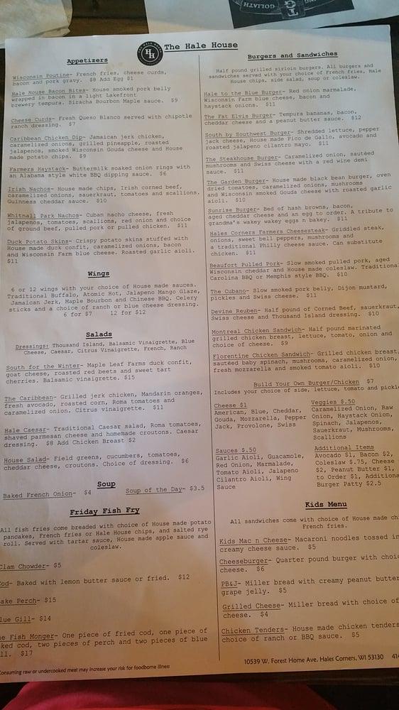 Menu at The Hale House pub & bar, Hales Corners