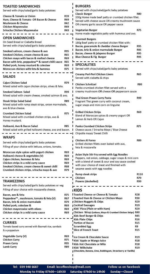 Menu at KC's Coffee Shop restaurant, South Africa
