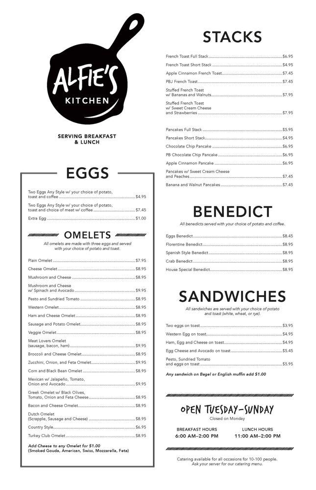 Menu at Alfie's Kitchen restaurant, Easton, Sullivan Trail