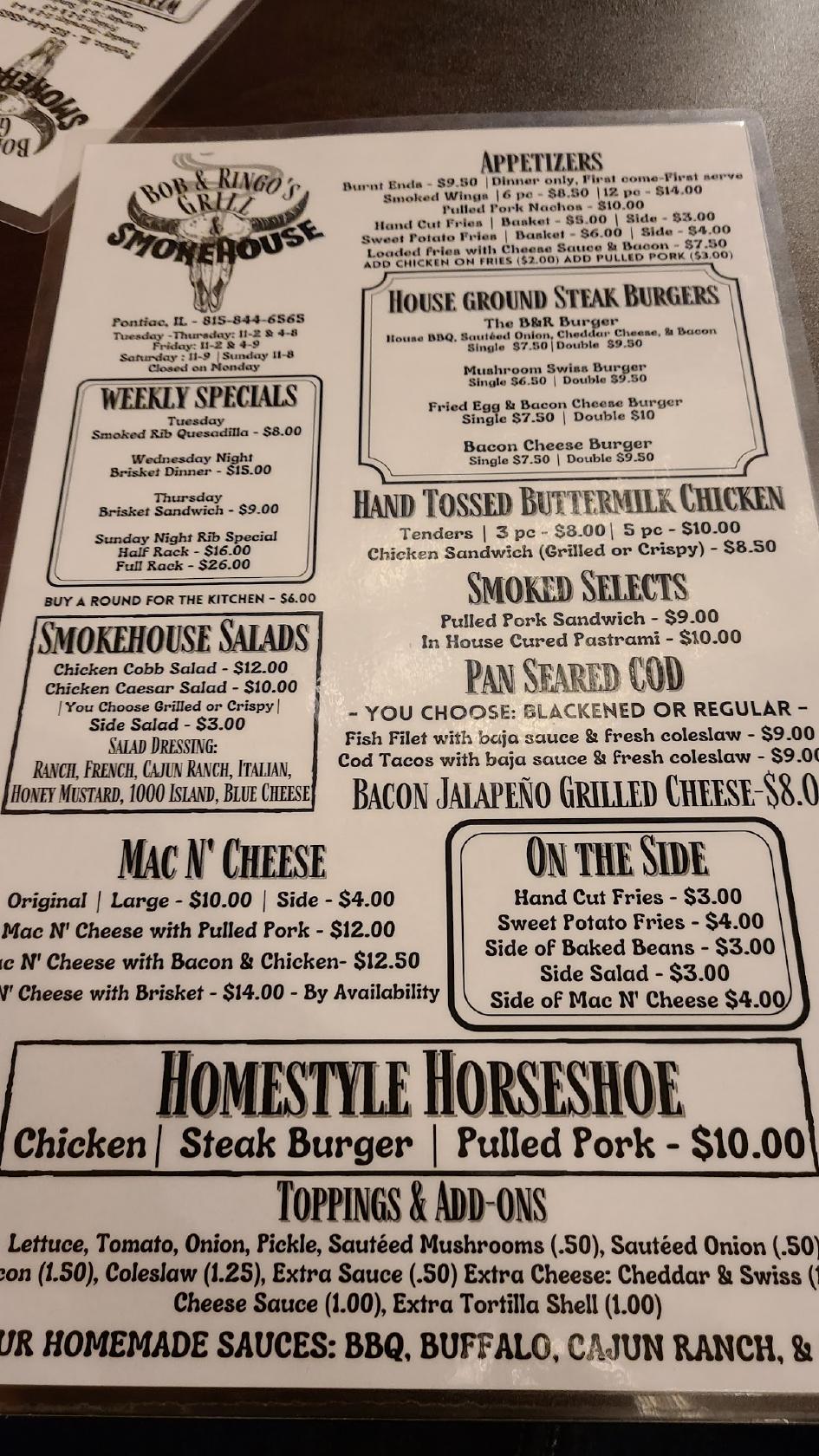 Menu at Bob & Ringo's Grill & Smokehouse restaurant, Pontiac