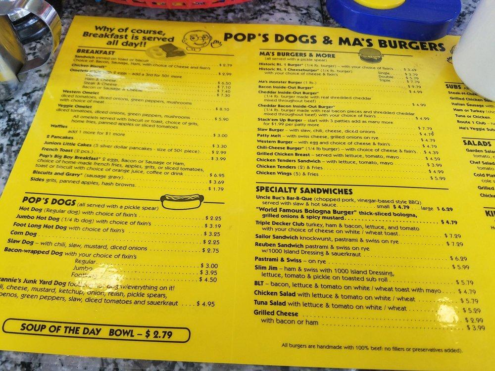 Menu at Pop's Dogs & Ma's Burgers restaurant, Richmond