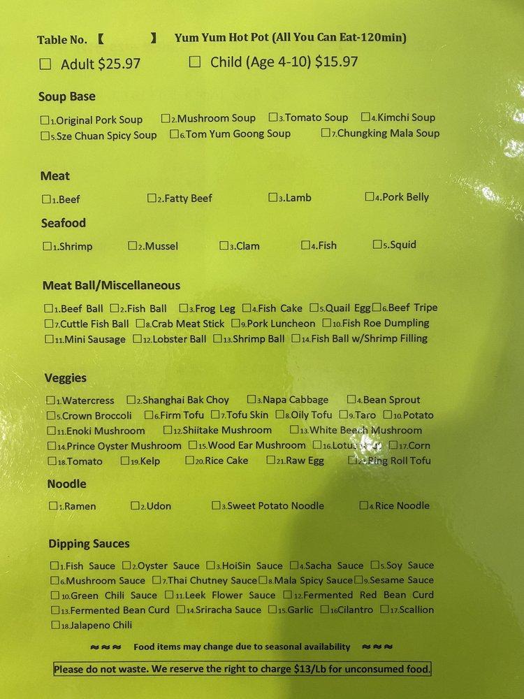 Menu at Yum Yum Hot Pot AYCE restaurant, Temple Terrace