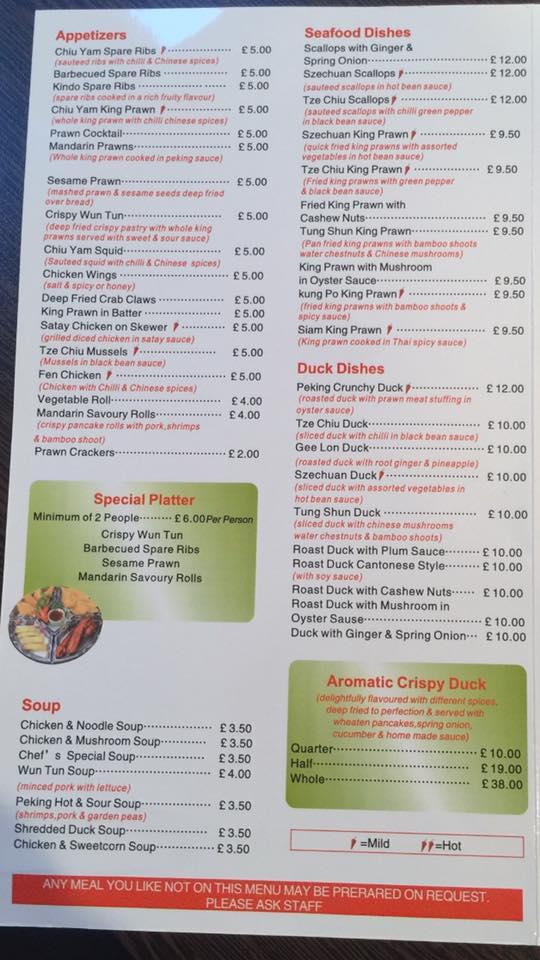 Menu at Golden Ocean restaurant, Stornoway